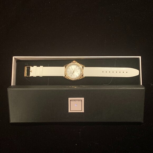 Brand New Mary Kay Adjustable Size White and Gold Bejewelled Watch - Picture 2 of 3